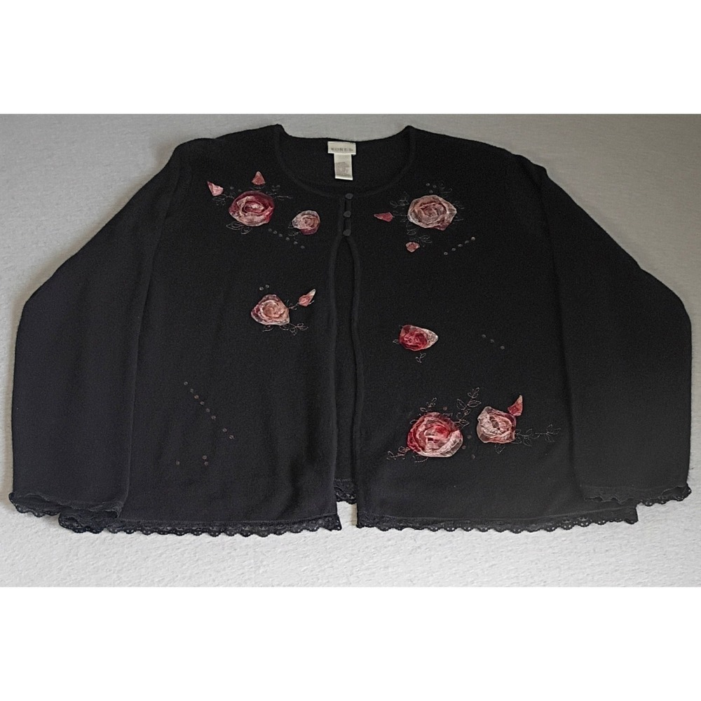 VTG Koret Black Cardigan Sweater – Women's Size 2X - Pink Tulle Flowers